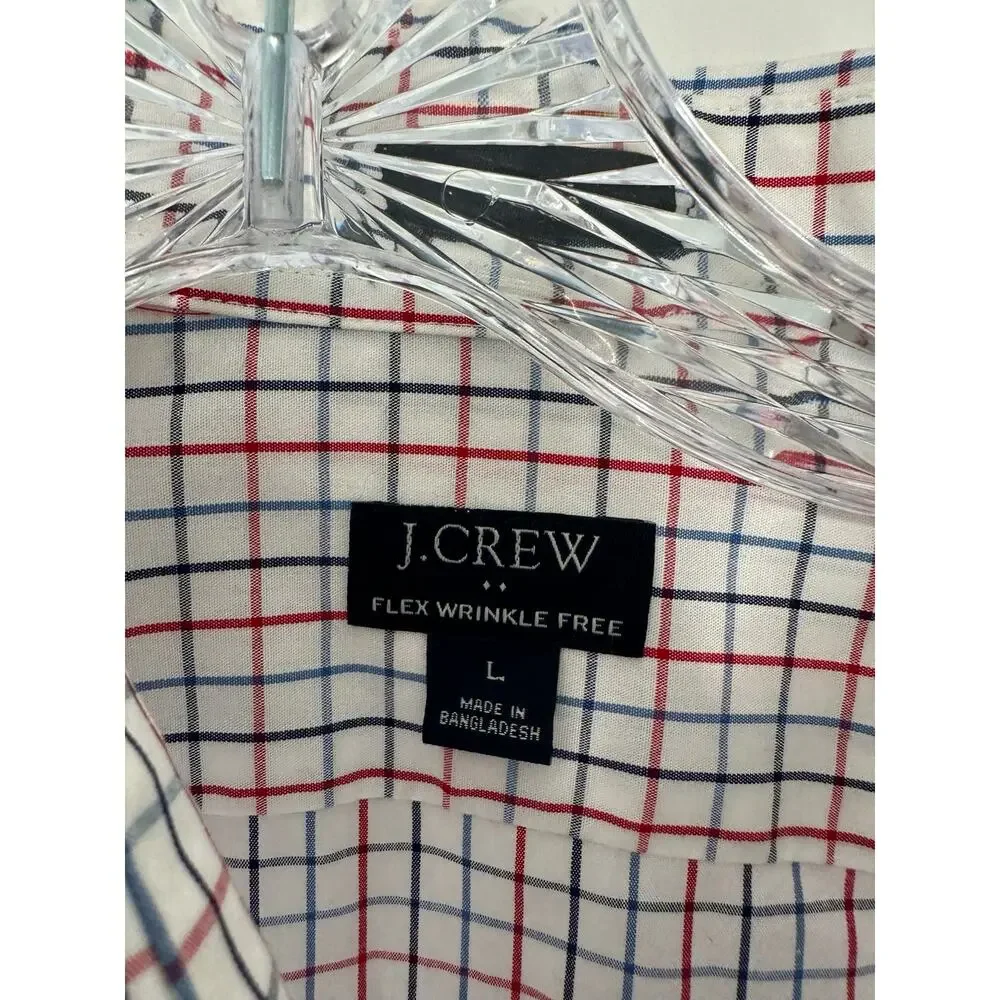 J.Crew Men's White Red Plaid Slim Fit Flex Wrinkle Free Button Down Shirt Size L